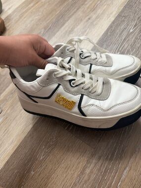 Cavalli Class White Leather Sneakers with Black Trim and Gold Logo